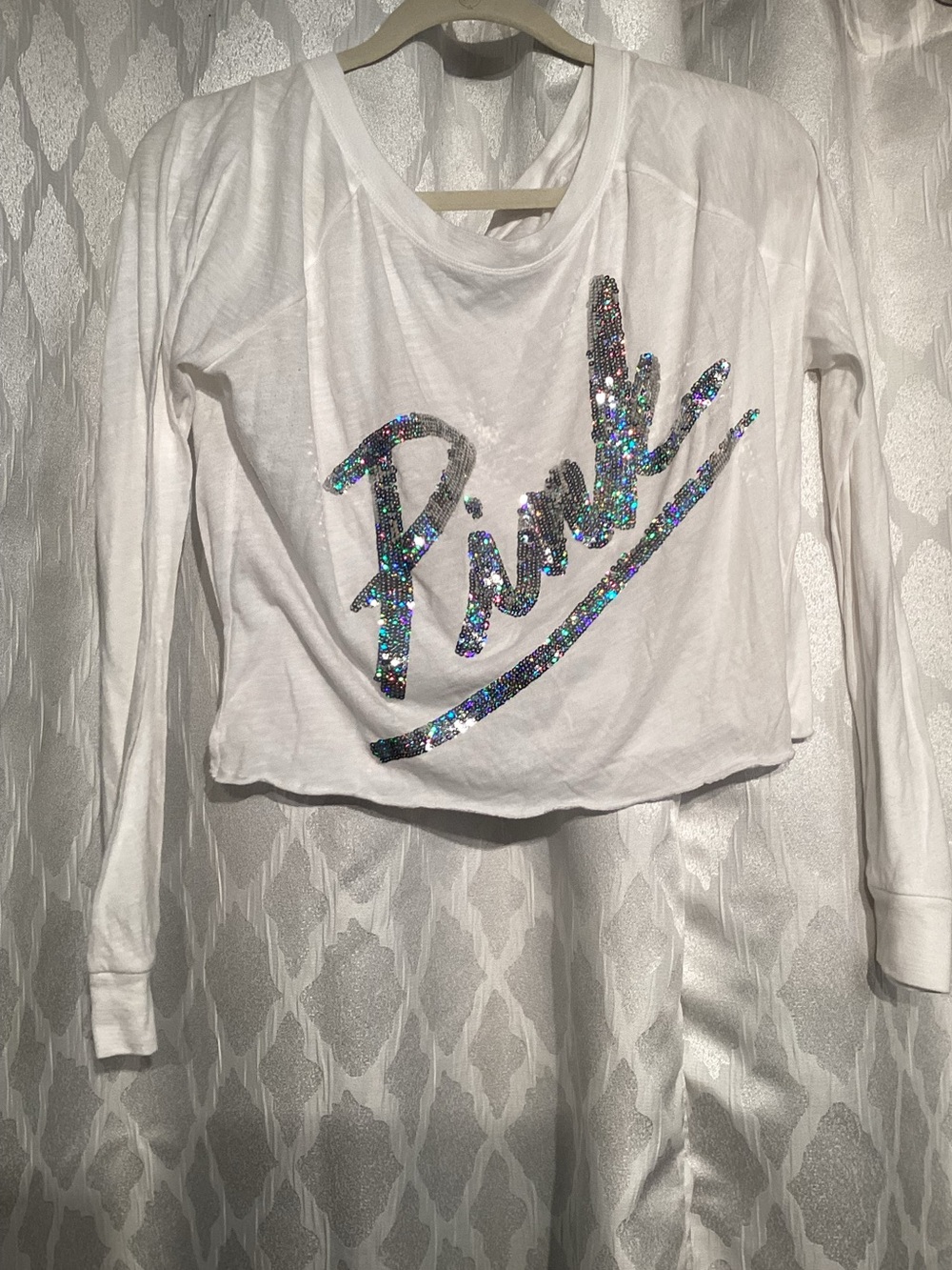 PINK Victoria's Secret White Long-Sleeve Tee with Holographic Sequin Logo